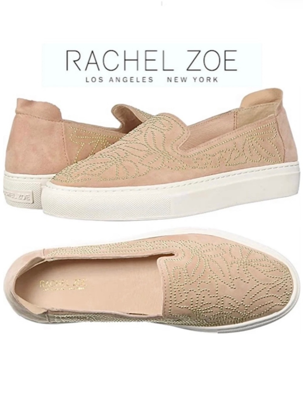 Rachel Zoe Burke Nude Blush Suede Gold Studded Slip-On Fashion Sneakers Loafer 8